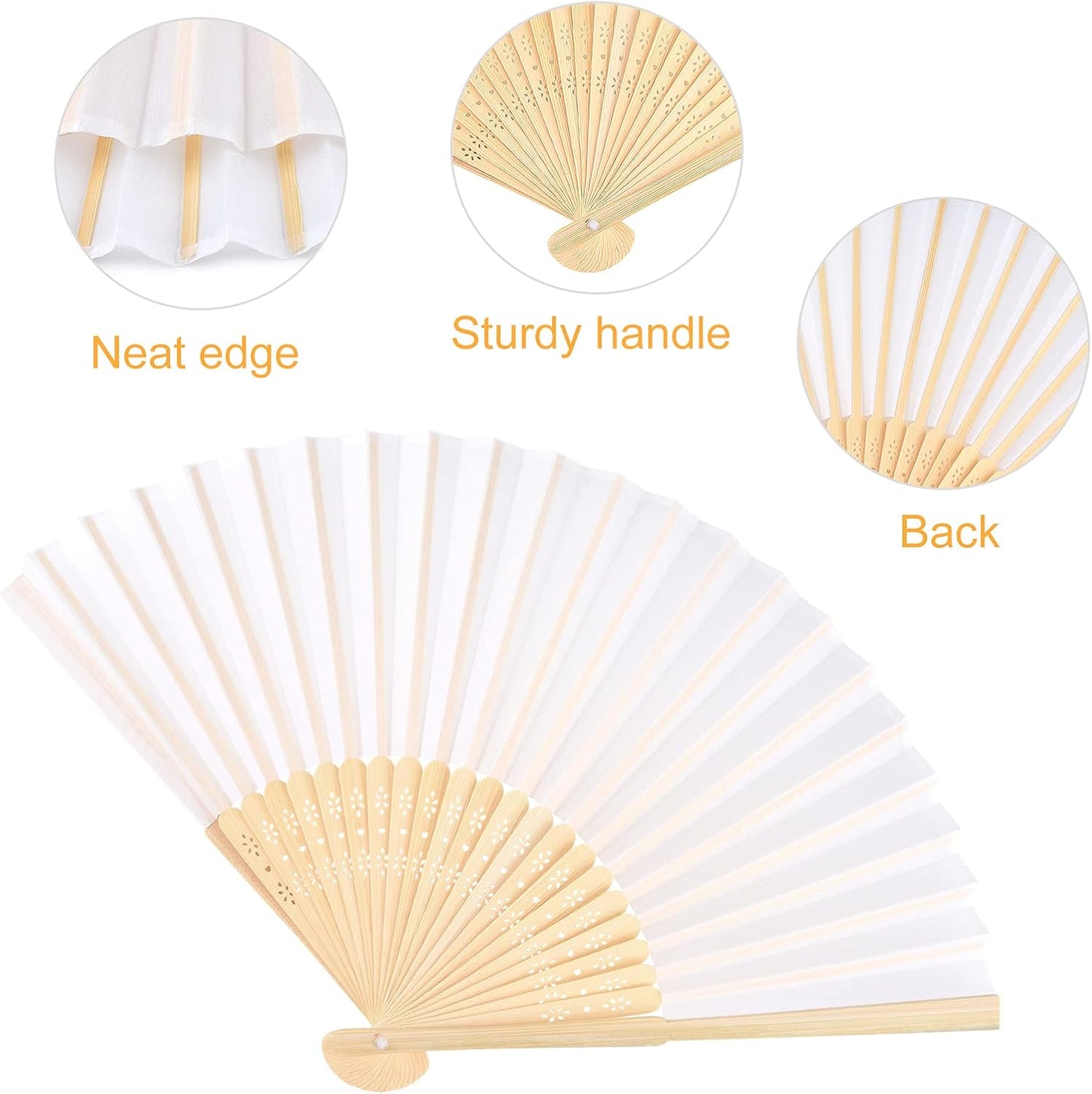 FEPITO 50 Pieces White Handheld Paper Fan Paper Folding Fans with Bamboos for Wedding Gift, Party, Home
