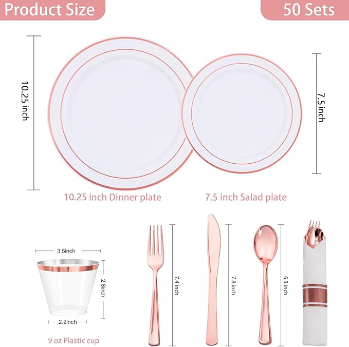 WELLIFE 350Pcs Rose Gold Plastic Plates for 50 Guests - Plastic Dinnerware Set,Party Supplies Includes 100 Rose Gold plates,150 Silverware,50 Napkins,50 Cups for Party and Valentine's Day