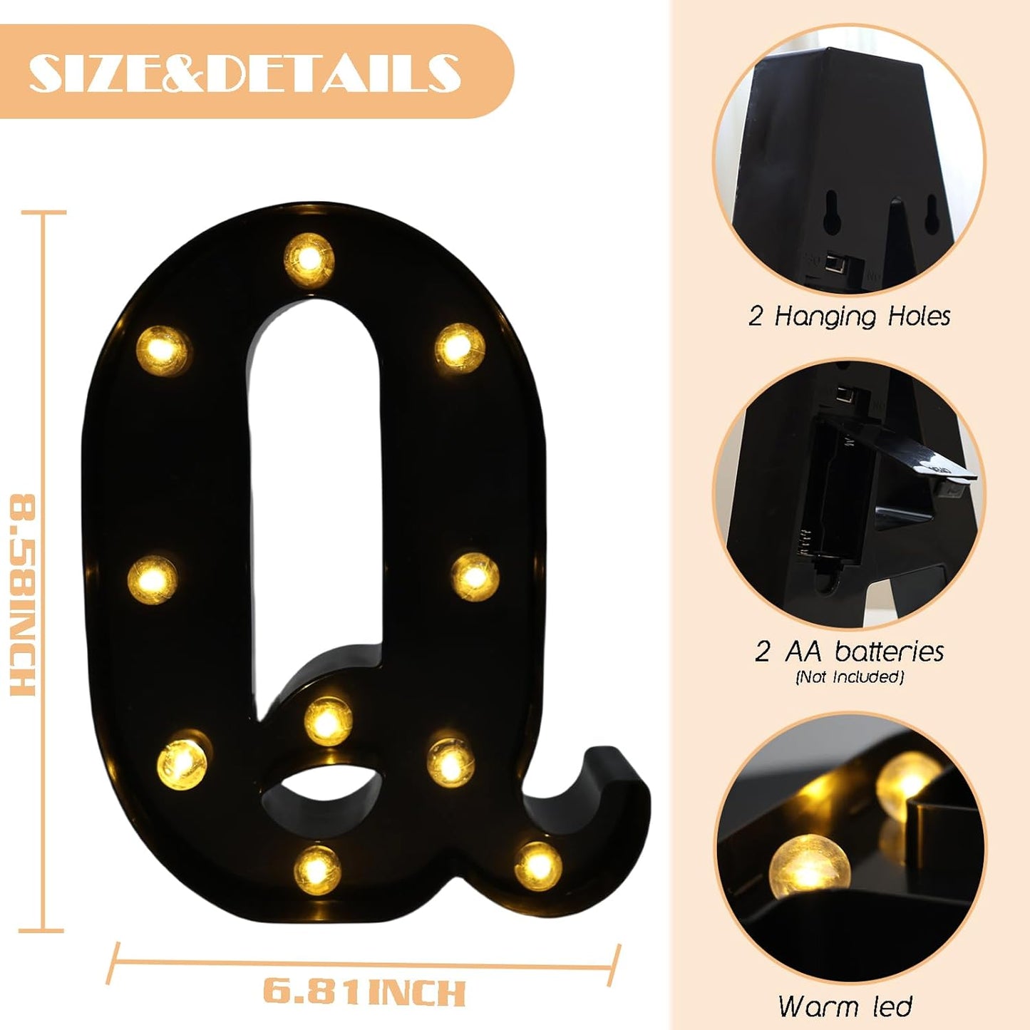 Led Marquee Letters, 8.58 Inch Black Light Up Letters, Small Led Letter Lights, Battery Powered Lighted Letterfor Table, Party, Birthday, Christmas Decor (Black, Letter Q)