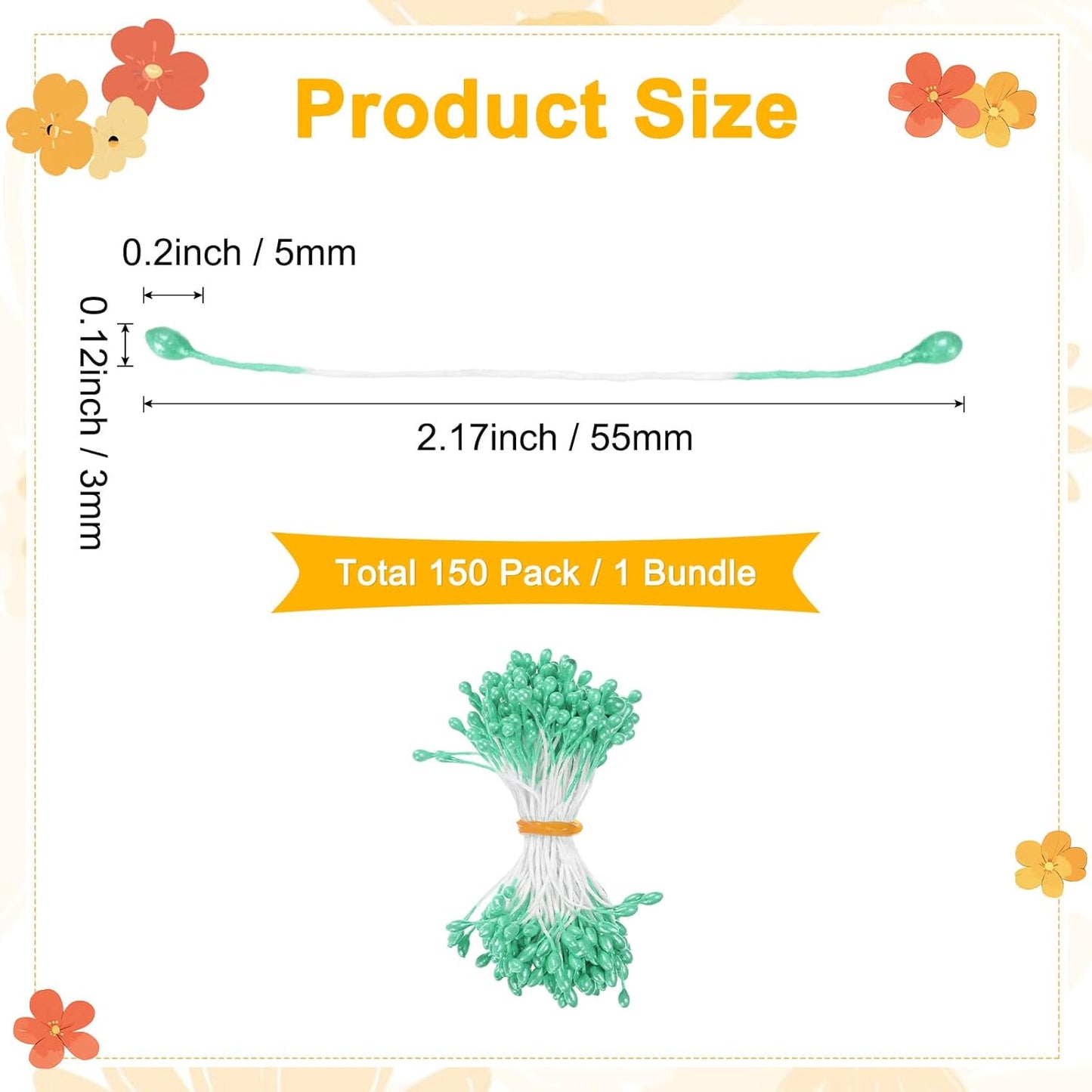 150-Pack Flower Stamens for Crafts, 5mm Double Heads Artificial Pearl Floral Pistil Mini Flower Pollens Stamens for DIY Making/Wedding/Scrapbook Decoration [Light Green]