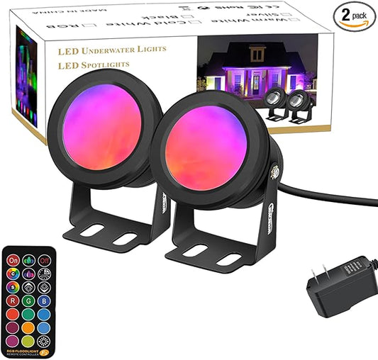 Landscape 10W Spotlight Outdoor Lighting With US Plug and Remote Control - 12V Garden Waterproof Yard Lights for Christmas Decorations (Mixed Color, NOT Pure RGB)