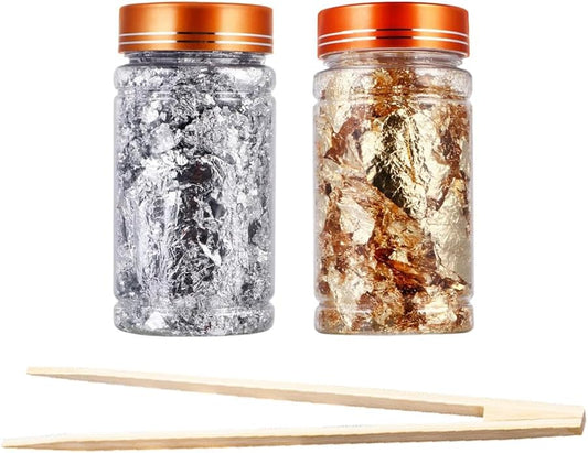 Joyzan Gold Flakes, Gold Foil Leaf Decoration Imitation Metallic Chocolates Baking Sheet Cake Decor Tweezers Resin Cooking Dessert Makeup Nail Art DIY Craft Jewelry Making Painting Slime 20g 2 Bottles