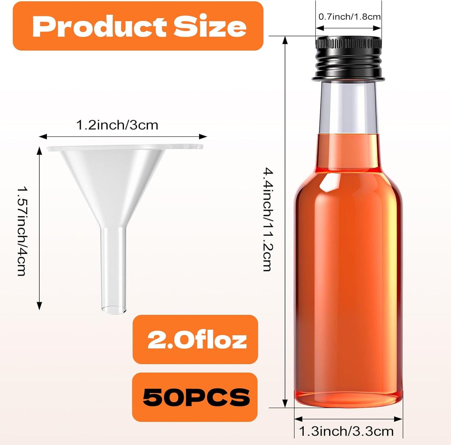 50 Pcs Mini Liquor Bottles with Black Cap, Plastic Alcohol Bottles, 2oz Leakproof Empty Spirit Bottle, Mini Salad Dressing Bottle with Funnels for Cocktail Party Weddings
