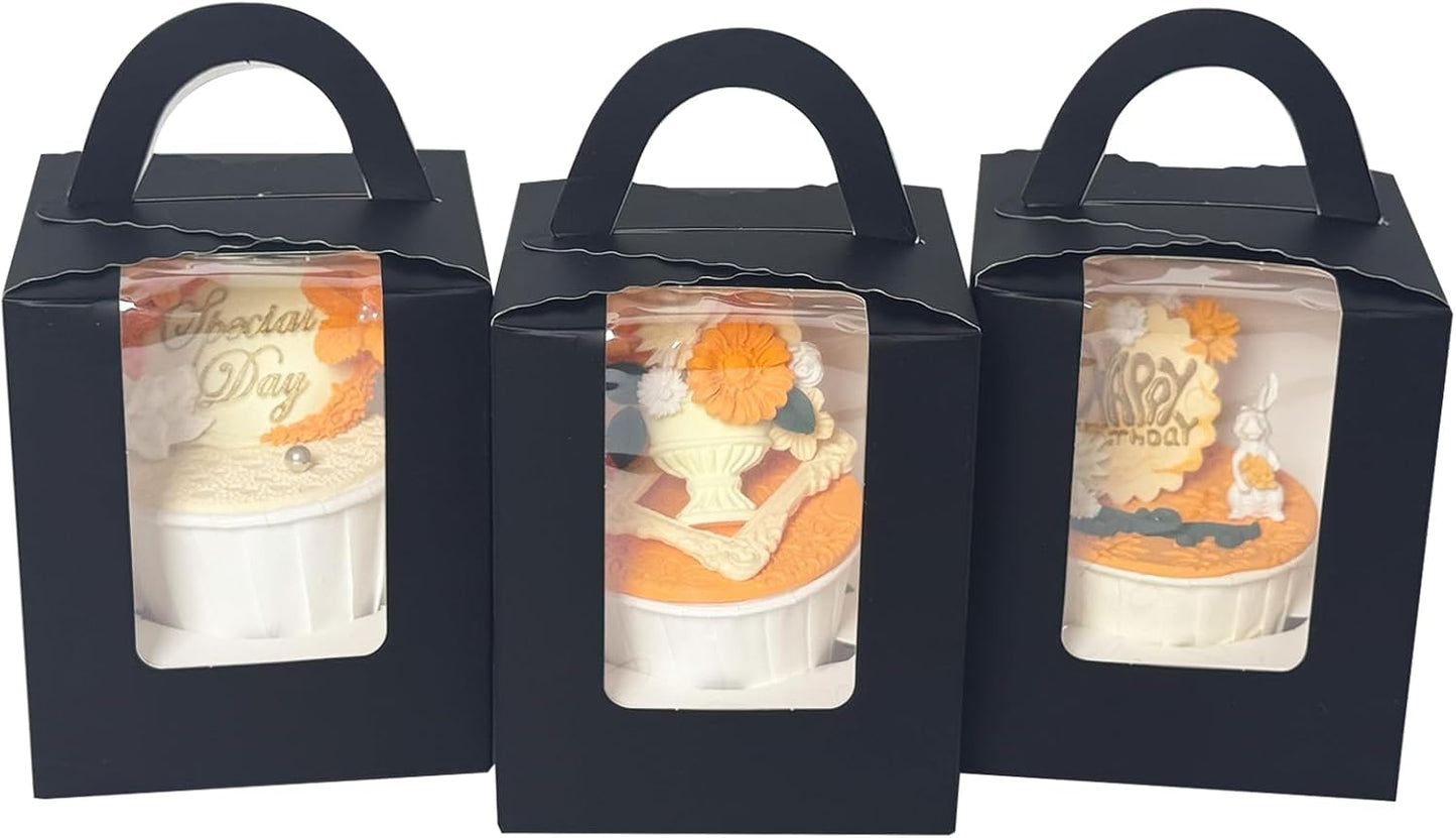 Bakepacker Auto-pop up Individual Cupcake Boxes with Window 60 Count Black Single Cupcakes Box 3.6 x 3.6 x 4.3inch Cupcake Carrier