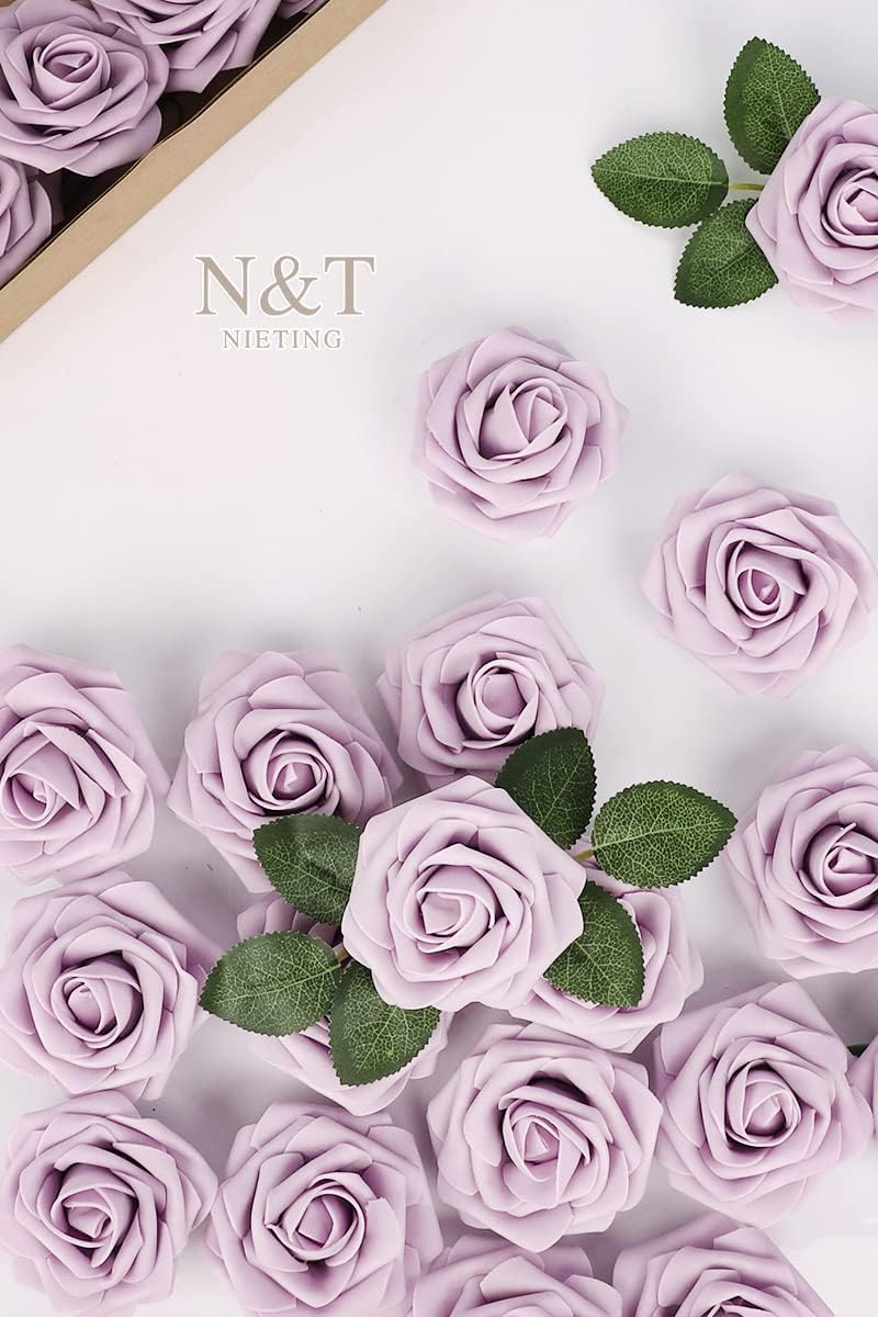 N&T NIETING Artificial Wedding Flowers 25 pcs Lilac Roses Fake Roses with Long Stems for Decortion Mother's Day Baby Shower Arrangements Bouquets