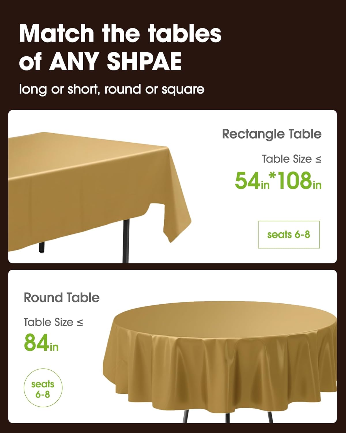 Pureegg Plastic Table Cloth Disposable 10 Pack, 54 x 108 Inch Table Cloths, Graduation Decorations, Thanksgiving, Christmas Tablecloths, Rectangle, Plastic Cover, Leakproof & Sturdy, Gold