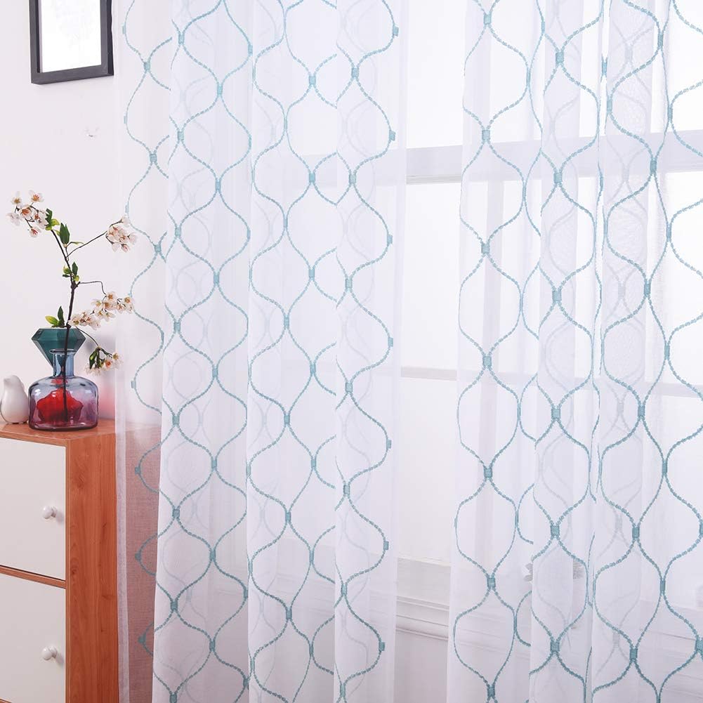 Embroidery Sheer Curtains Blue 84 Inches, Rod Pocket Voile Drapes for Living room, Bedroom, Window Treatments Wave Diamond Semi Crinkle Curtain Panels for Yard, Patio, Villa, Set of 2, 52"x 84".