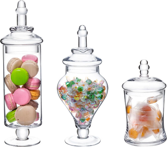MyGift Clear Glass Apothecary Jars with Lid, Decorative Footed Vase, Candy Buffet Containers Set of 3