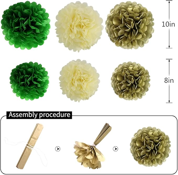 Green Gold Party Decorations, Hanging Paper Lanterns and Pom Poms Flowers for Woodland Baby Shower Graduation Green Birthday Party Decor 15 Pieces