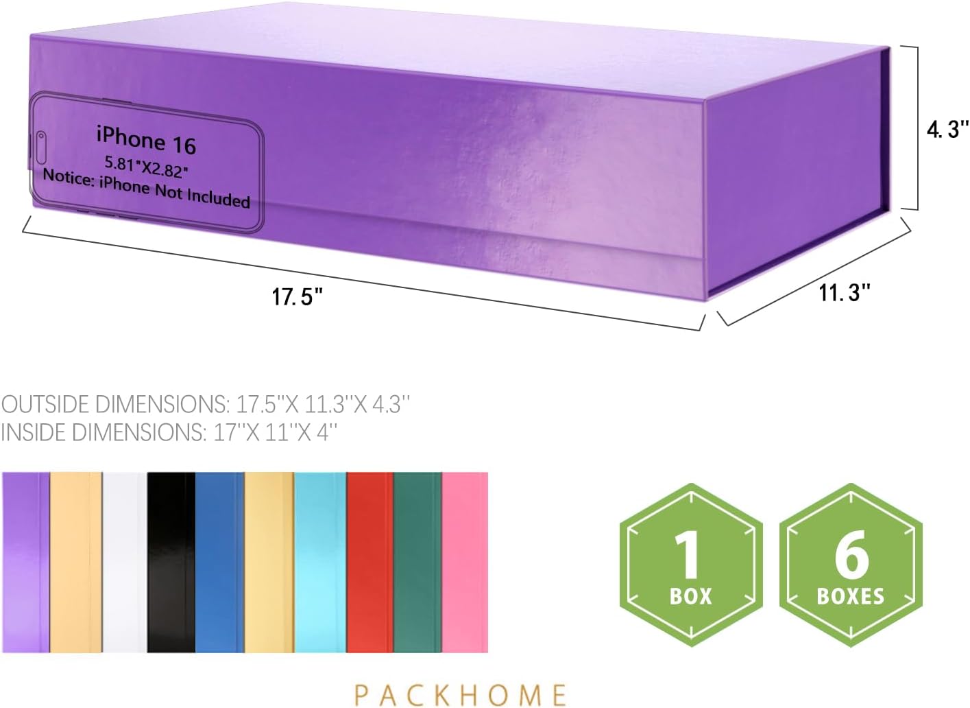 PACKHOME 6 Extra Large Gift Boxes 17.5x11.3x4.3 Inches, Sturdy Shirt Boxes with Magnetic Lids for Clothes and Large Gifts (Glossy Purple)