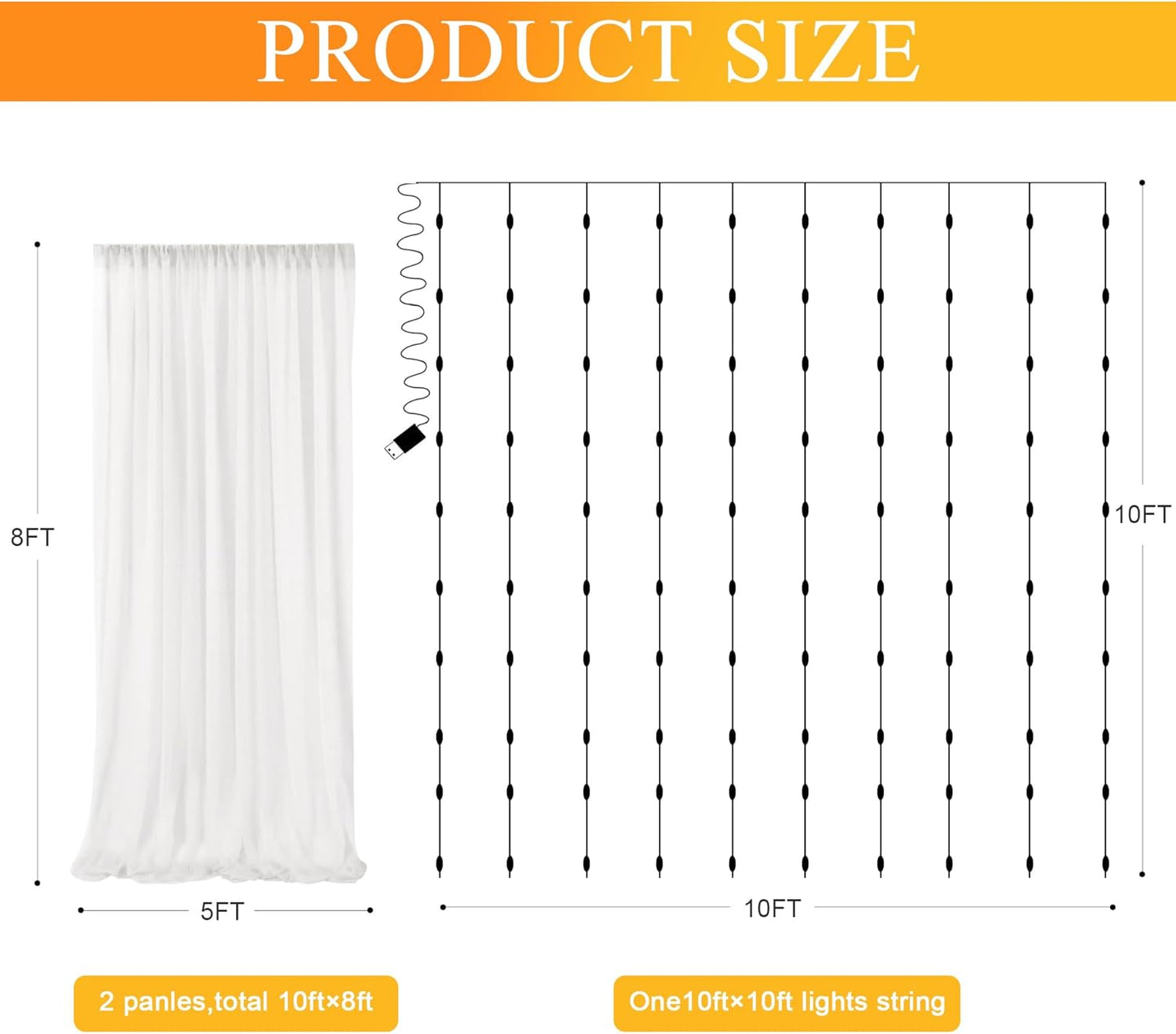 Fomcet Ivory Tulle Backdrop Curtains with Lights String 10FT X 8FT Sheer Curtain with Lights Tulle Curtains Backdrop for Wedding Birthday Party Baby Shower Photo Shoot (2 Panels 5x8FT)