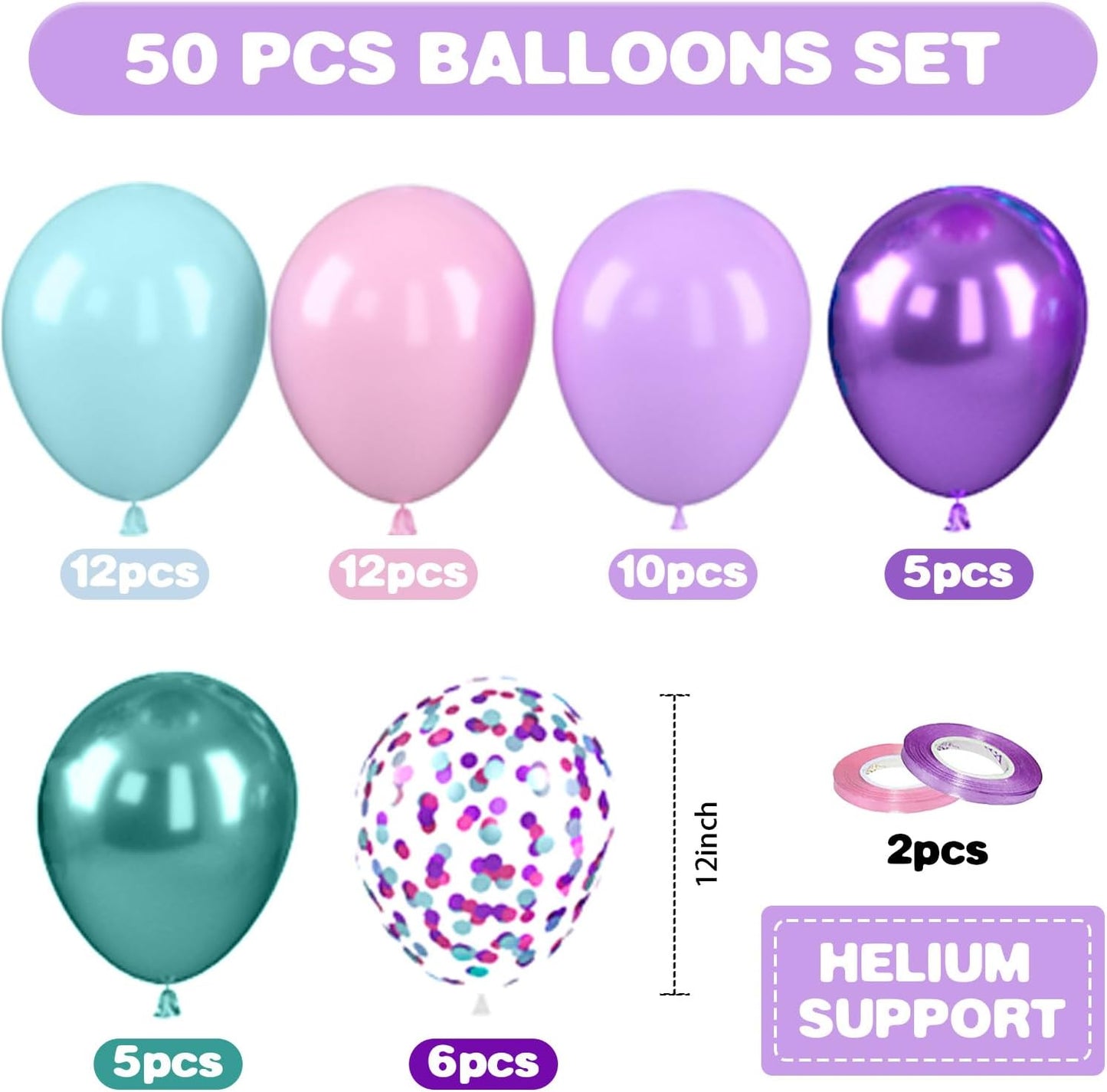 Mermaid Balloons, 12 Inch Pastel Purple and Teal Balloons, Pink Metallic Teal Purple Confetti Balloon Latex Balloon for Girls Mermaid Theme Princess Birthday Baby Shower Party Decorations