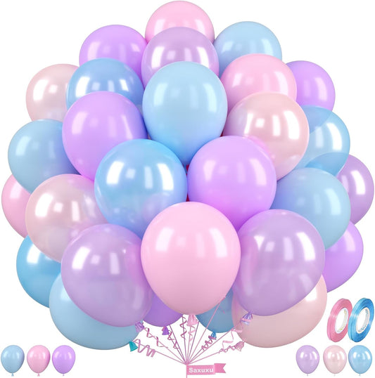 Blue Pink Purple Balloons, 12 Inch Pastel Balloons, Pearl Pink Purple Blue Pastel Latex Balloon for Boys Girls Baby Shower Gender Reveal Mermaid Birthday Wedding Princess Party Decorations