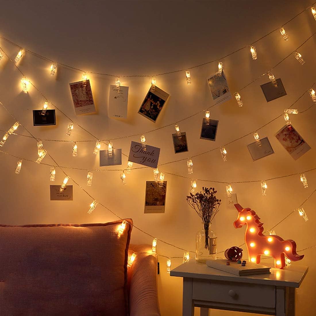 Dopheuor LED Photo Clip Copper String Lights Starry Fairy Warm White Lights Battery Powered for Hang Pictures Cards Bedroom Wall Decorations Christmas Patio Halloween Thanksgiving Wedding Party Décor