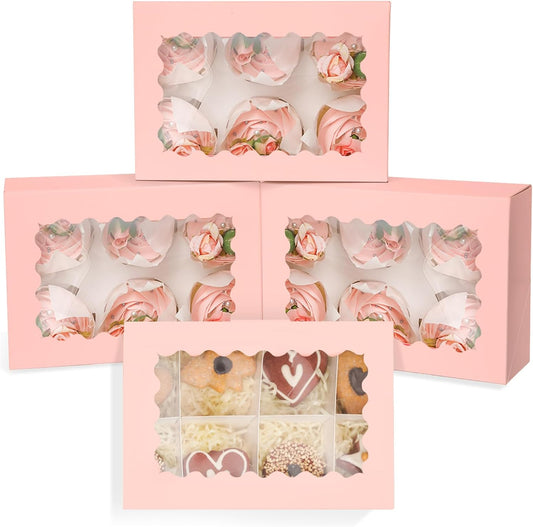 qiqee Pink Auto-pop up 6 Cupcake Boxes with Window 30 Packs Cupcake Box 9"x6.1"x3.3" Bakery Boxes For Cupcakes Carrier, Cupcake Containers