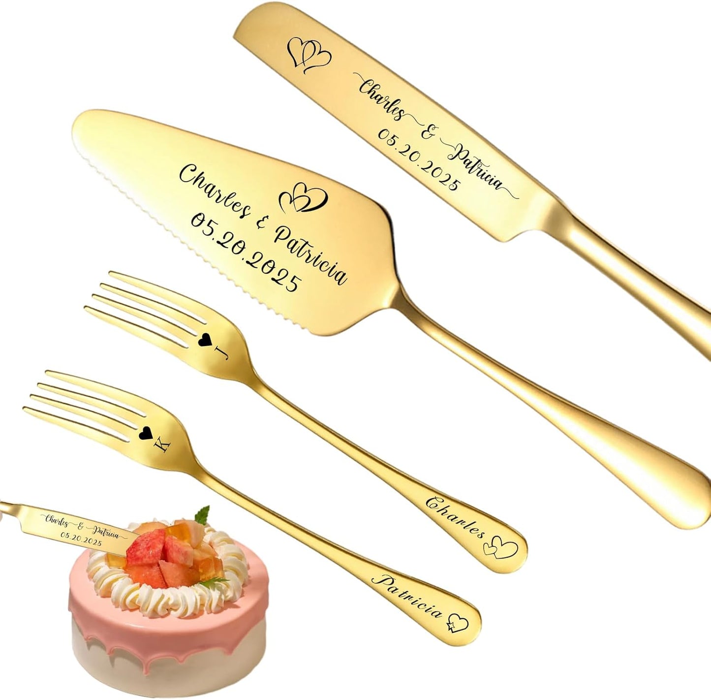 Custom Wedding Cake Knife and Server Set Personalized Cake Cutter with Engraved Text Bridal Cake Cutting Set with Gift Box for Weddings Anniversary Birthday (Gold - with fork)