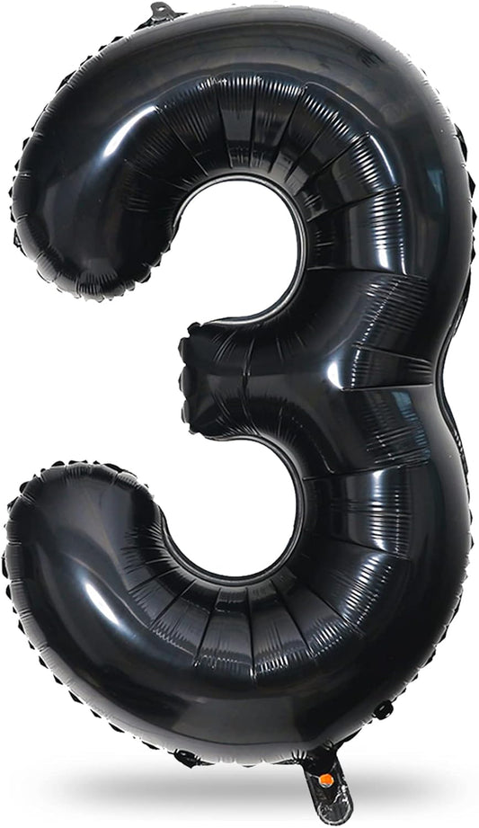 40" Black Number 3 Balloon for Birthday Party Decorations, Large Self Inflating Helium Foil Number Balloons Set 0-9 for Women Men 30th Birthday Graduation 3rd Anniversary Party Decorations Supplies