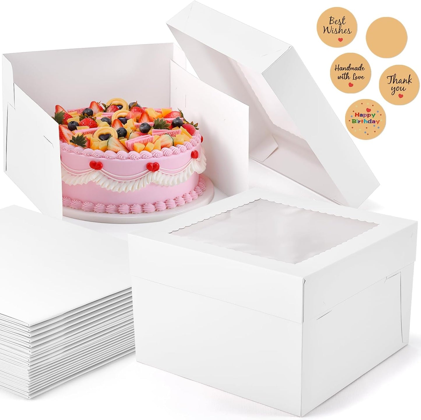 12Pcs Cake Boxes, 12x12x8 Inches Tall Bakery Boxes with Window, Large White Disposable Tier Cake Containers for Pastries, Pie, Cookies, Chocolates, Cupcakes, Birthday Party Dessert Boxes