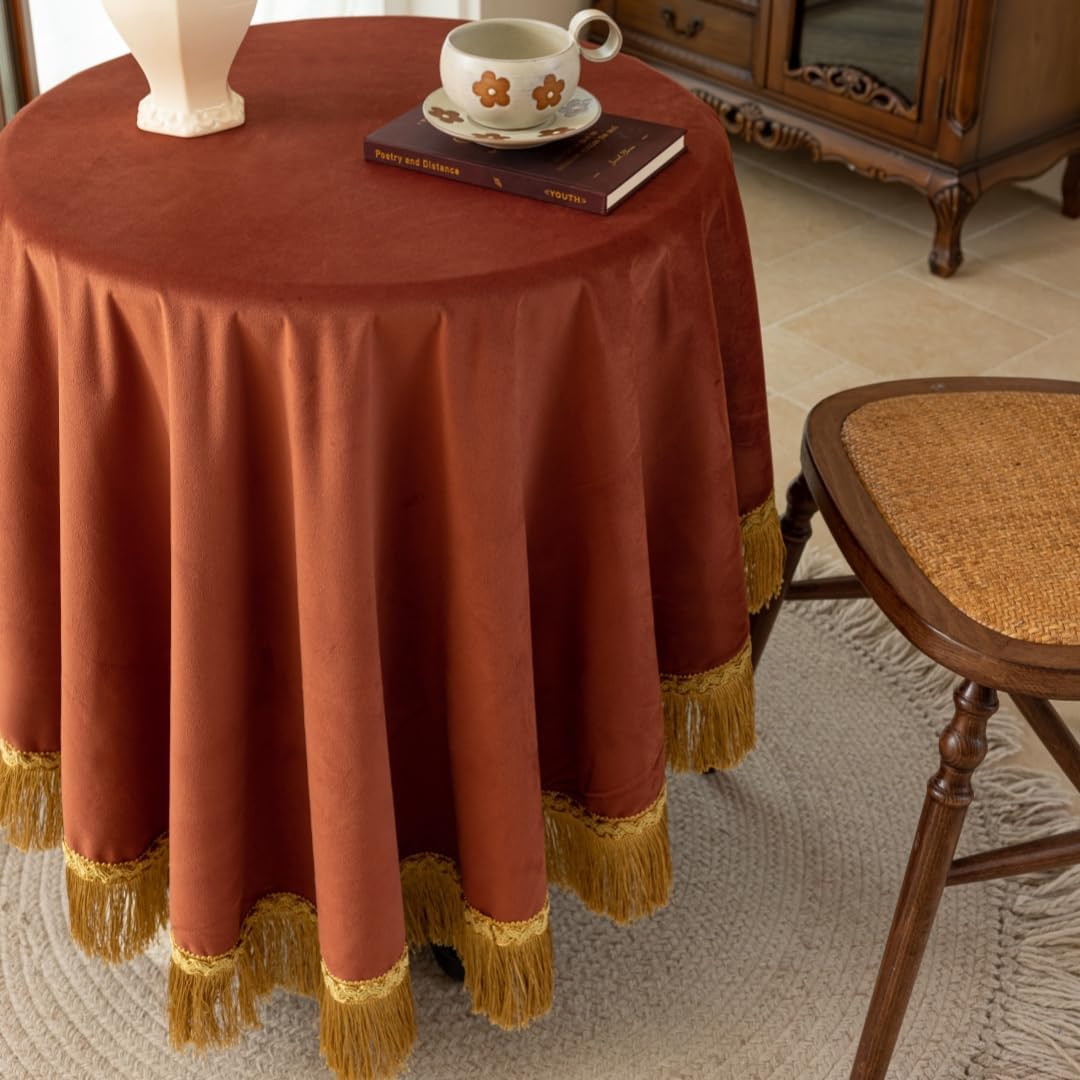 F-CHU Luxury Burnt Orange Tablecloth Thickset Velvet Tablecloth with Beautiful Gold Vintage Tassels Table Cloth for Home Decor Wedding, Party, Banquet and Events 48" Round