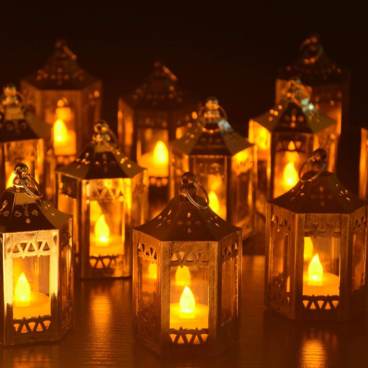 zkee Mini Star Lanterns with Flickering LED, Battery Included, Decorative Hanging Lanterns for Christmas & Indoor Use (Set of 8, Golden Brushed)