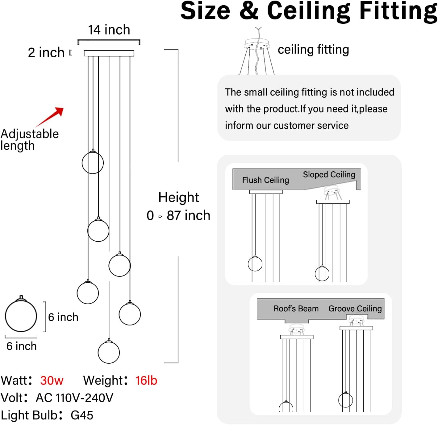 H 87in Modern Glass Globe Chandelier 6-Lights Glass Pendant Light for Staircase Silver Globe Chandelier Clear Glass Hanging Lighting for Living Room Bedroom Entryway