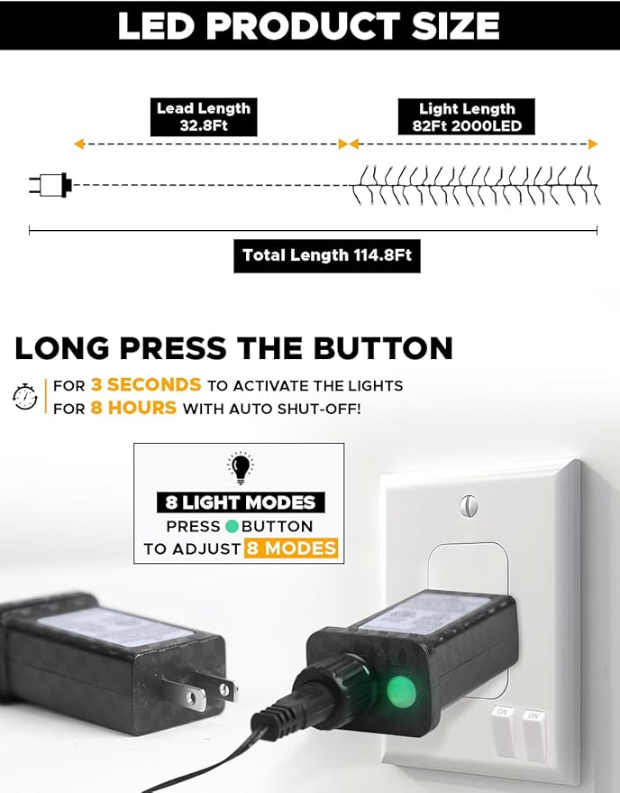 EcoNour 82Ft 2000 LED Cluster Twinkle Lights for Christmas Tree, 8 Modes String Lights for Decoration with Timer and Memory Function, Elegant Cool White Fairy Lights for Magical Home & Indoor