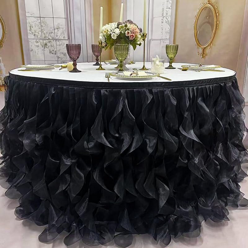 Luxury Organza Mesh Table Skirt Draping Floating Romance - Perfect for Bridal Showers, Birthday Weddings - Clear Flowing Decoration for a Wonderful Main Cake Table (Black-9ft, 108" Lx30 H)