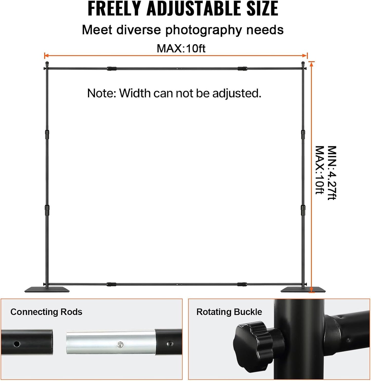 VEVOR 10ft x10ft Pipe and Drape Kit, Heavy Duty Backdrop Stand with Carbon Steel Base, Adjustable Backdrop Support with 2 Clamps and A Carry Bag for Wedding, Party, Event, Photography and Exhibition