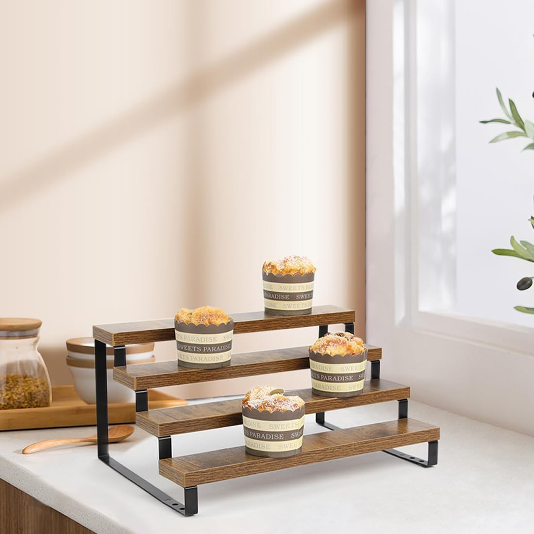 4-Tier Wooden Display Riser Shelf Stand for, Makeup, Cupcake, Condiment & Dolls Collection Home Decor Organizer, Expandable for Pantry/Counter (Brown, 4-Tier)