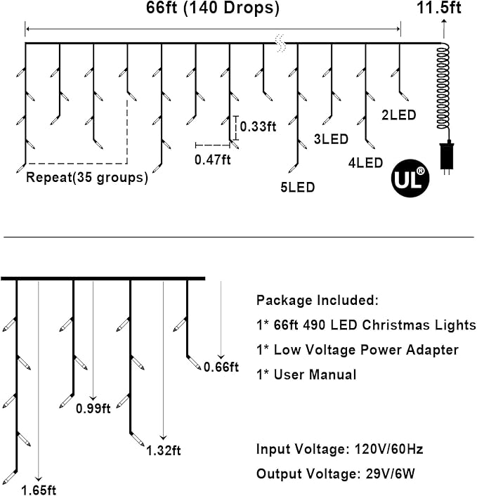 66 FT LED Christmas Lights with 140 Drops, 490 LED Indoor Outdoor Christmas Decorations, 8 Lighting Mode Waterproof Fairy Lights with Timer for Xmas Holiday Wedding Yard Party Warm White
