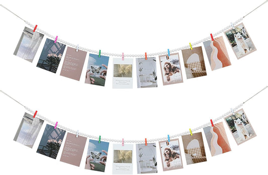Hanging Photo Display with Clips, Boho Wooden Bead Garland Collage Picture Frame Wall Decor, Photo String with 10 Different Random Colors Wood Clips for Bedroom Room Decor, Christmas Teen Girls Gifts