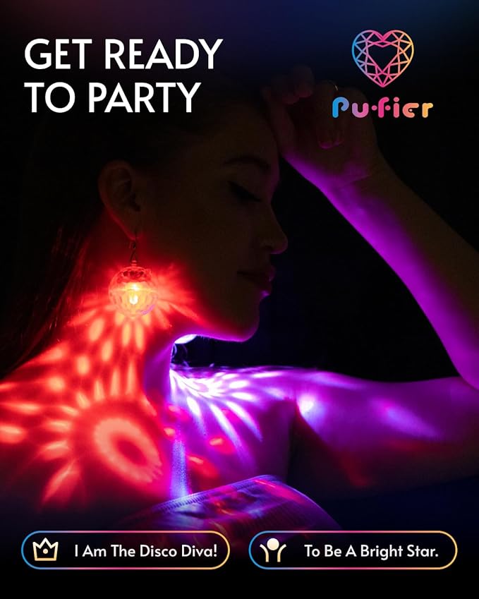 Light up Earrings Rhombic Disco Ball Earrings 16 Light Modes Rechargeable 60s 70s 80s Earrings for Women Concert, Disco Party, Rave Accessories