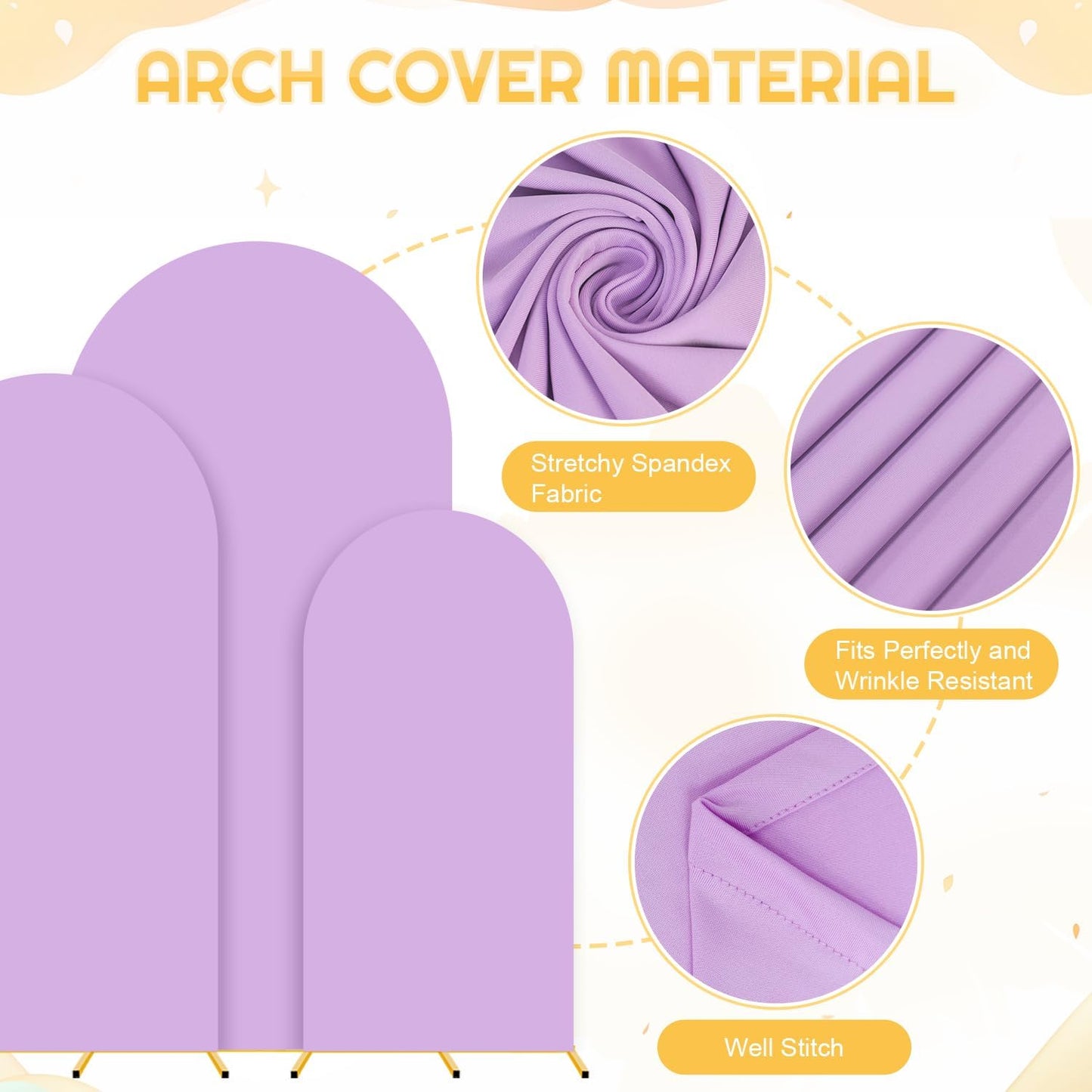 FUHSY Set of 3 Metal Backdrop Stand with Wedding Arch Cover 7.2FT, 6.6FT, 6FT Spandex Lavender Arch Backdrop Stand Cover Balloon Arch Frame Stand Backdrop for Birthday Party Bridal Baby Shower Decor
