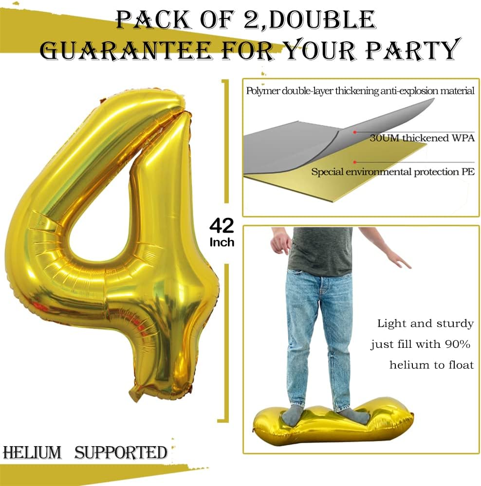 GOER Gold Foil Balloons Number 4,Huge Number Balloons for 4th 44th Birthday Party Supplies Anniversary Decorations(3 pcs,42 inch,32 inch,16inch)