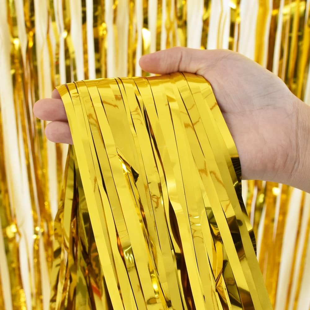 TONIFUL 2Pcs Gold Metallic Tinsel Foil Fringe Curtains,Gold Photo Booth Backdrop Streamer Curtain Photo Booth Props for Bachelorette Party,Birthday,Graduation,Christmas Decor(6.6ft x 9.9ft)