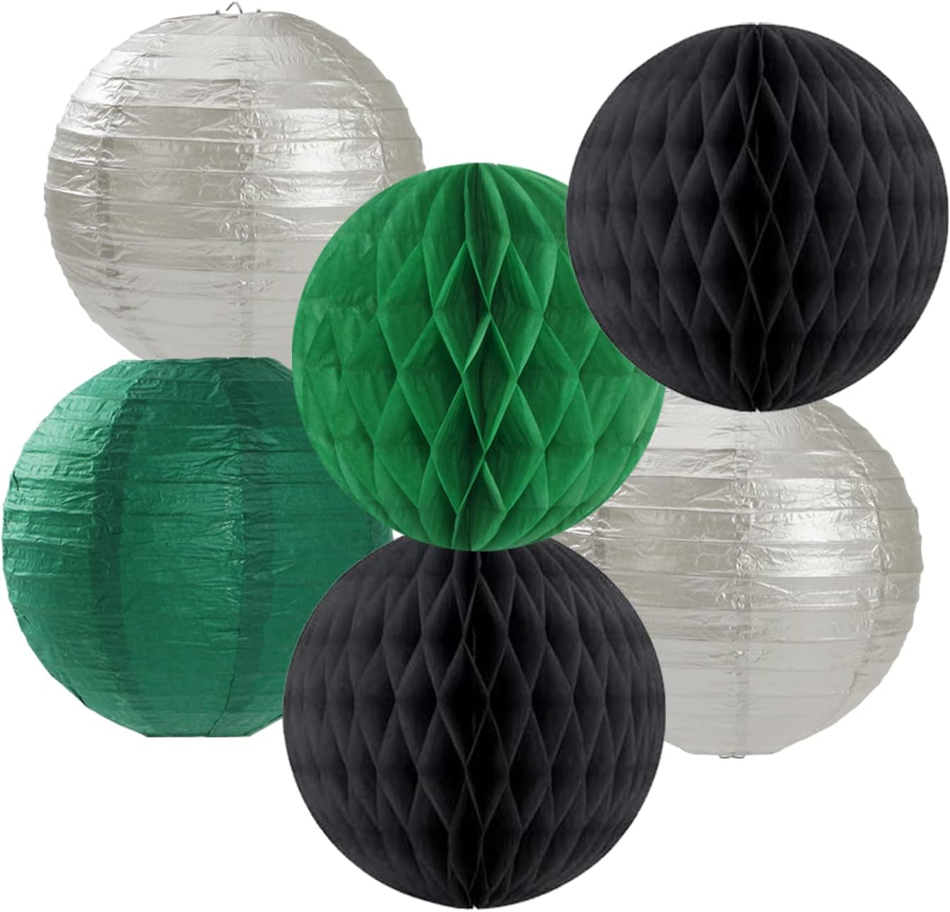 Black-Green Silver Party-Decorations Streamers Lanterns - 14pcs Graduation 2025 Paper Lanterns Fan,Tissue Pom Poms Streamer,Honeycomb Balls,Soccer Supplies Men Boys Birthday Baby Shower Decor Ouruola