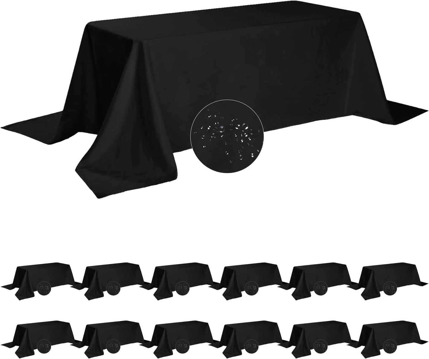 Fokitut 12 Pack Waterproof Rectangle Tablecloth, 90x156 Inch,Stain Resistant and Wrinkle Polyester Table Cloth, Fabric Table Cover for Kitchen Dining, Wedding, Party, Holiday Dinner-Black