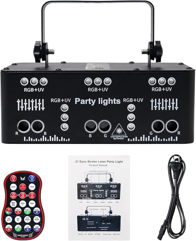 AMKI Party Lights, 21 Lens DJ Lights with Strobe Effect,Disco Light Indoor with RGB UV Laser Light Support Sound Control DMX5 (21eyes)