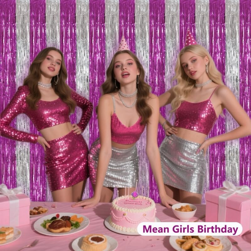 BEISHIDA Hot Pink Silver Door Streamers Backdrop Foil Fringe Tinsel Party Streamers Curtains Photo Backdrop - 2Pcs for Birthday Graduation Bachelorette Party Decoations