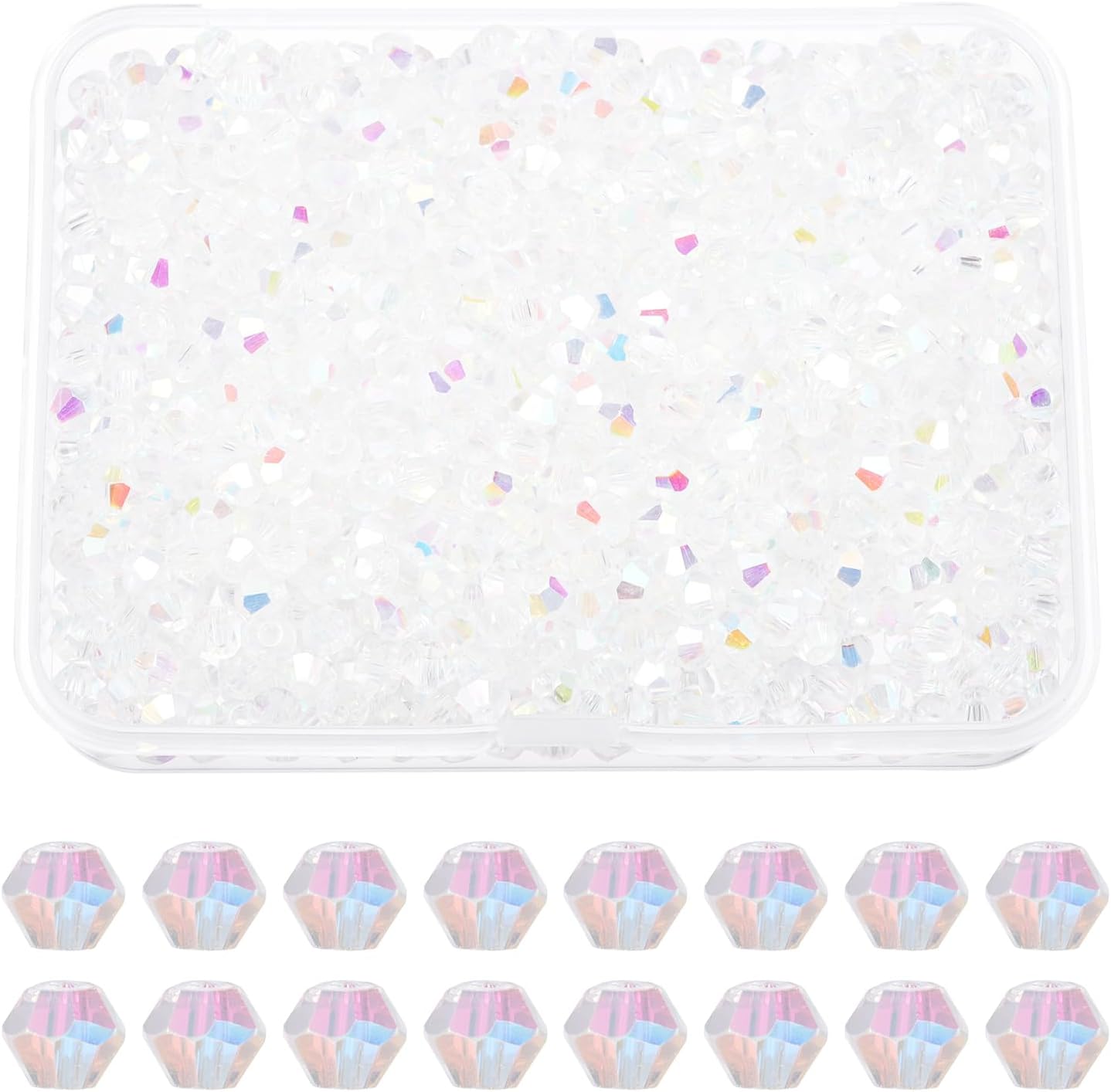 PATIKIL 1000pcs 4mm Bicone Glass Crystal Beads, Faceted Glass Spacer Beads with Box for Jewelry Making Bracelet Necklace Earrings DIY Suncatcher Craft, White AB