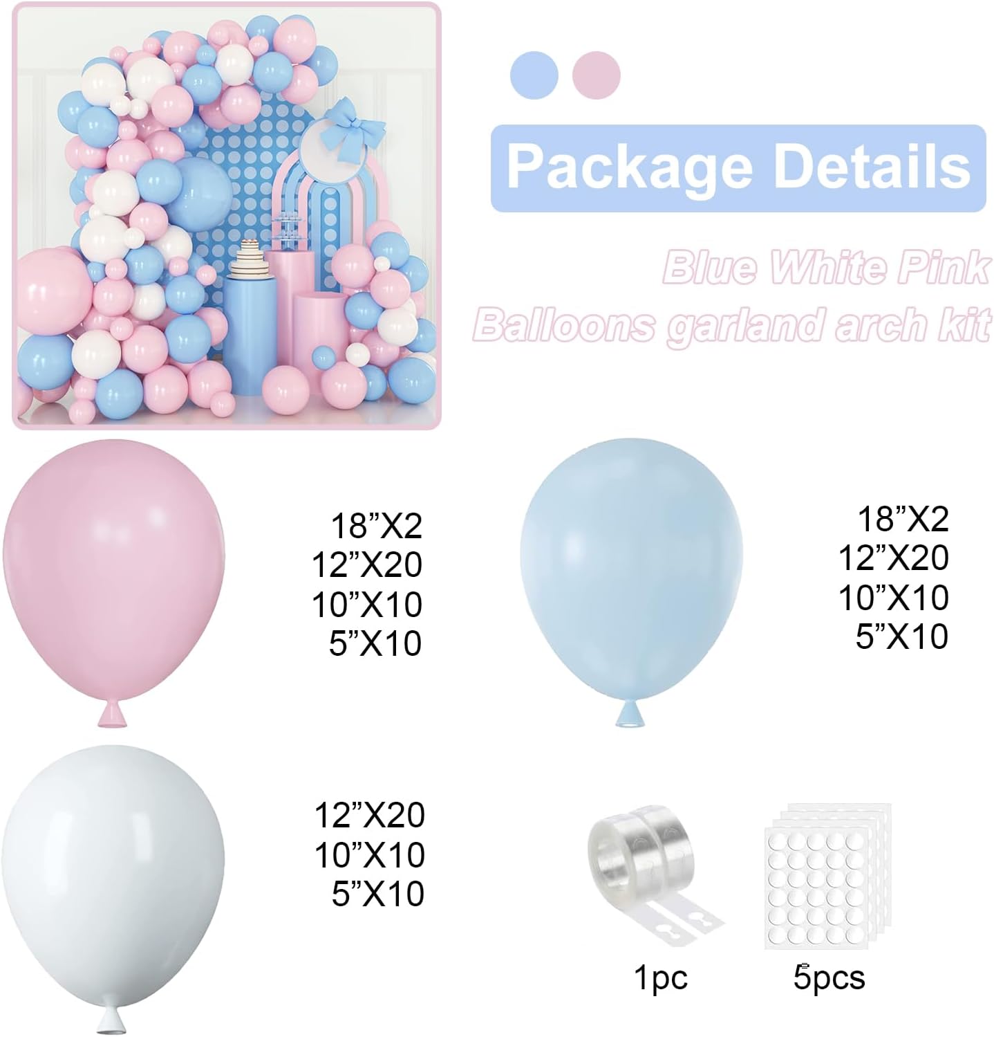 Pink and Blue Balloons Garland Kit, 124pcs Pink White Blue Latex Balloons Arch for Birthday, Baby Shower, Gender Reveal Party Decoration