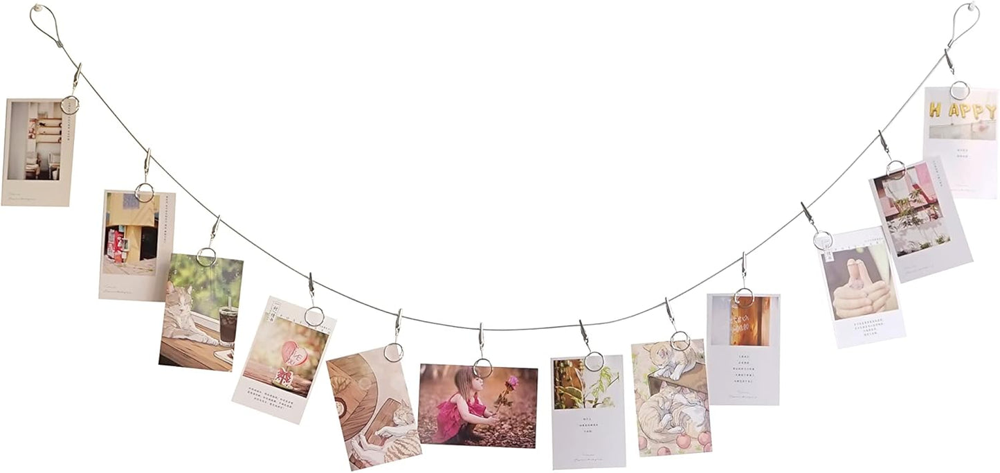 Multi-Purpose Steel Wall Hanging Photo Display Cable Wire Rod with 12 Adjustable Clips for Hanging Photos Notes Postcard and Artworks (Round)