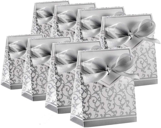 KUPOO 50PCS Candy Boxes,Silver Ribbon Wedding Favor Boxes Candy Bag Cake Box for Wedding Party Decoration Easter (silver)