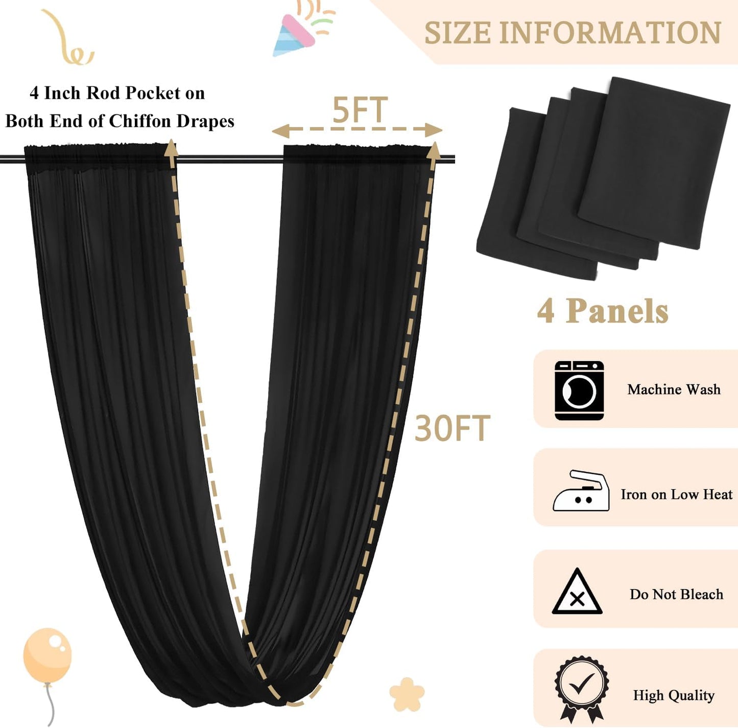 MODFUNS Black Ceiling Drapes Wedding Arch Drapery 5x30ft 4 Panels Chiffon Sheer Curtain Drapes Rustic Fabric for Wedding Party Reception Decoration