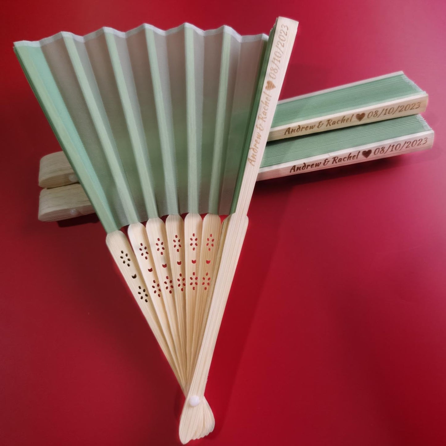 Personalized Wedding Fans Handheld Folding Fans (5Pcs) - Custom Engraved Green Silk Fans for Bridal Shower Favor/Baby Shower Favor, Birthdays Party Gifts/Gifts for Party Guests