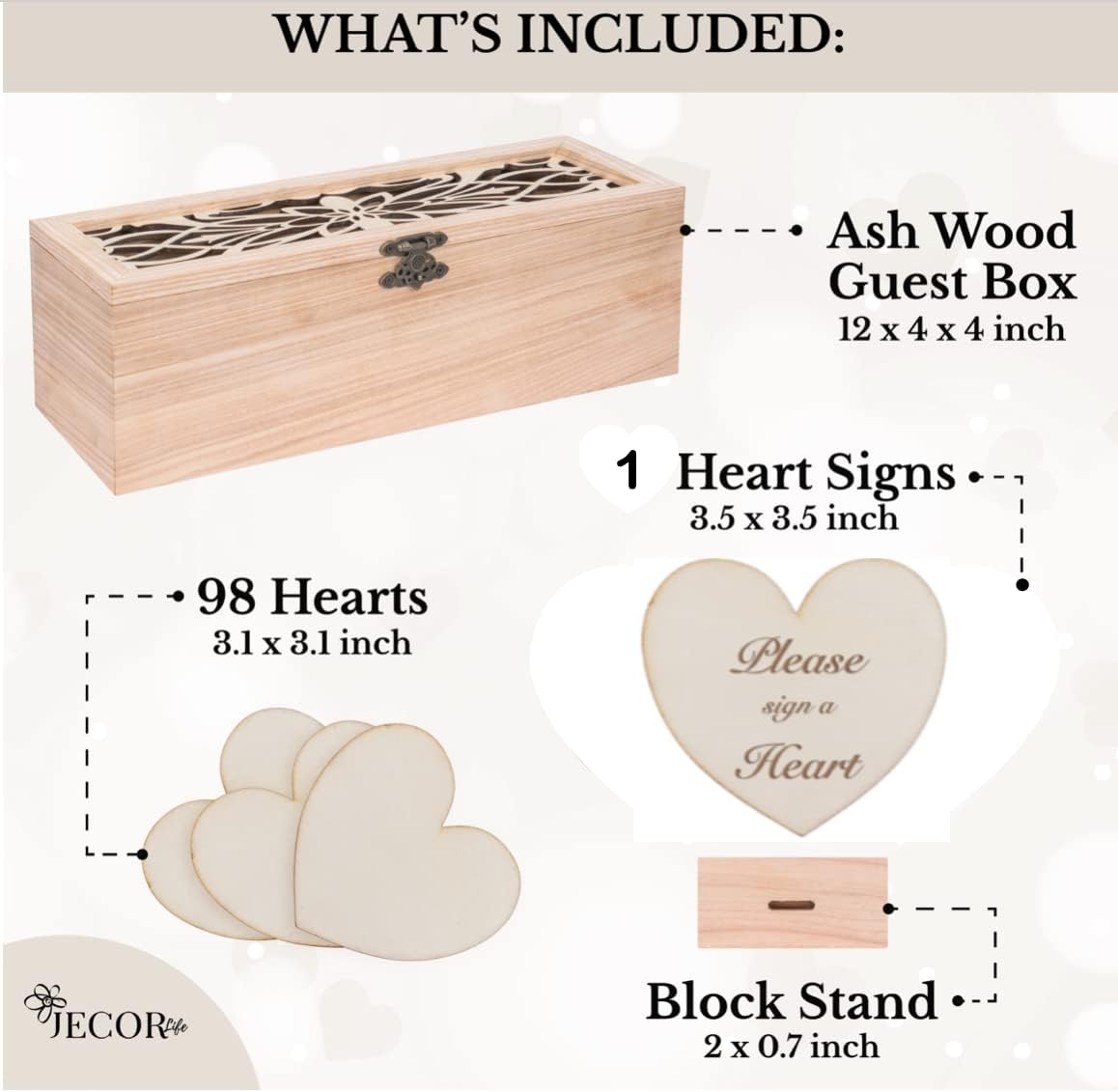 Alternative Guest Book Box - Wedding Guest book Alternative - 98 Large Wooden Hearts - Also for Baby Shower, Bridal Shower, Anniversary, Birthday, Retirement, Funeral Guest Book Alternatives - Pattern