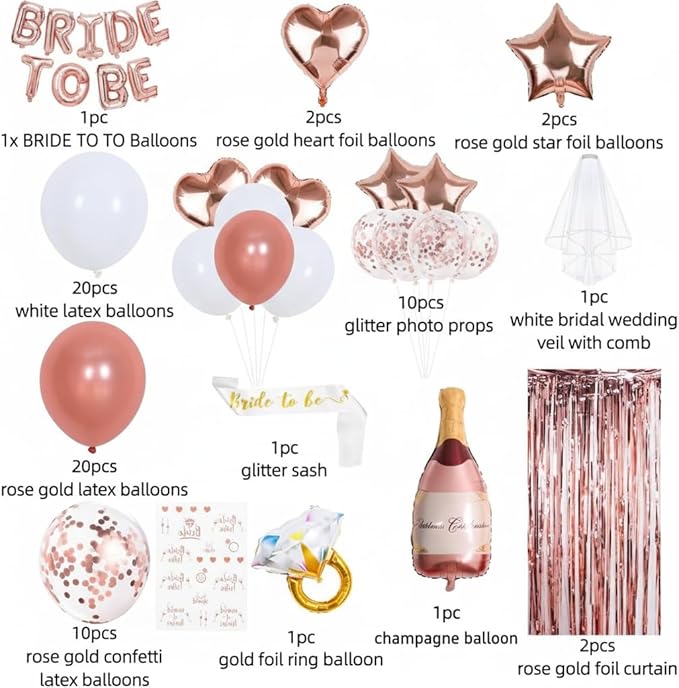 Bachelorette Party Decorations – 82 PCS Rose Gold Bride to Be Set with Foil Balloons, Confetti Balloons, Photo Props, Bride Sash, Veil, Champagne Balloon & Foil Curtain for Bridal Shower