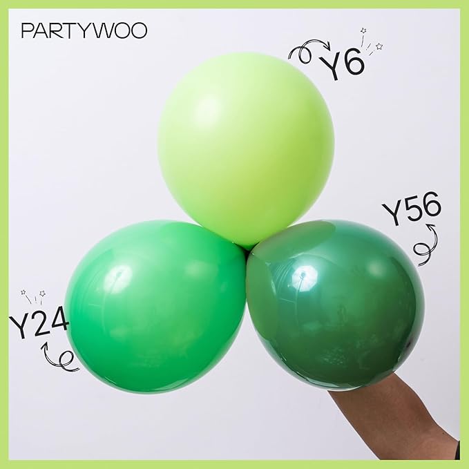 PartyWoo Green Balloons 65pcs 12 Inch Light Lime Dark Emerald Hunter Forest Metallic Green Gold Confetti Balloons for Baby Shower Wedding Engagement Jungle Woodland Birthday Party Decorations
