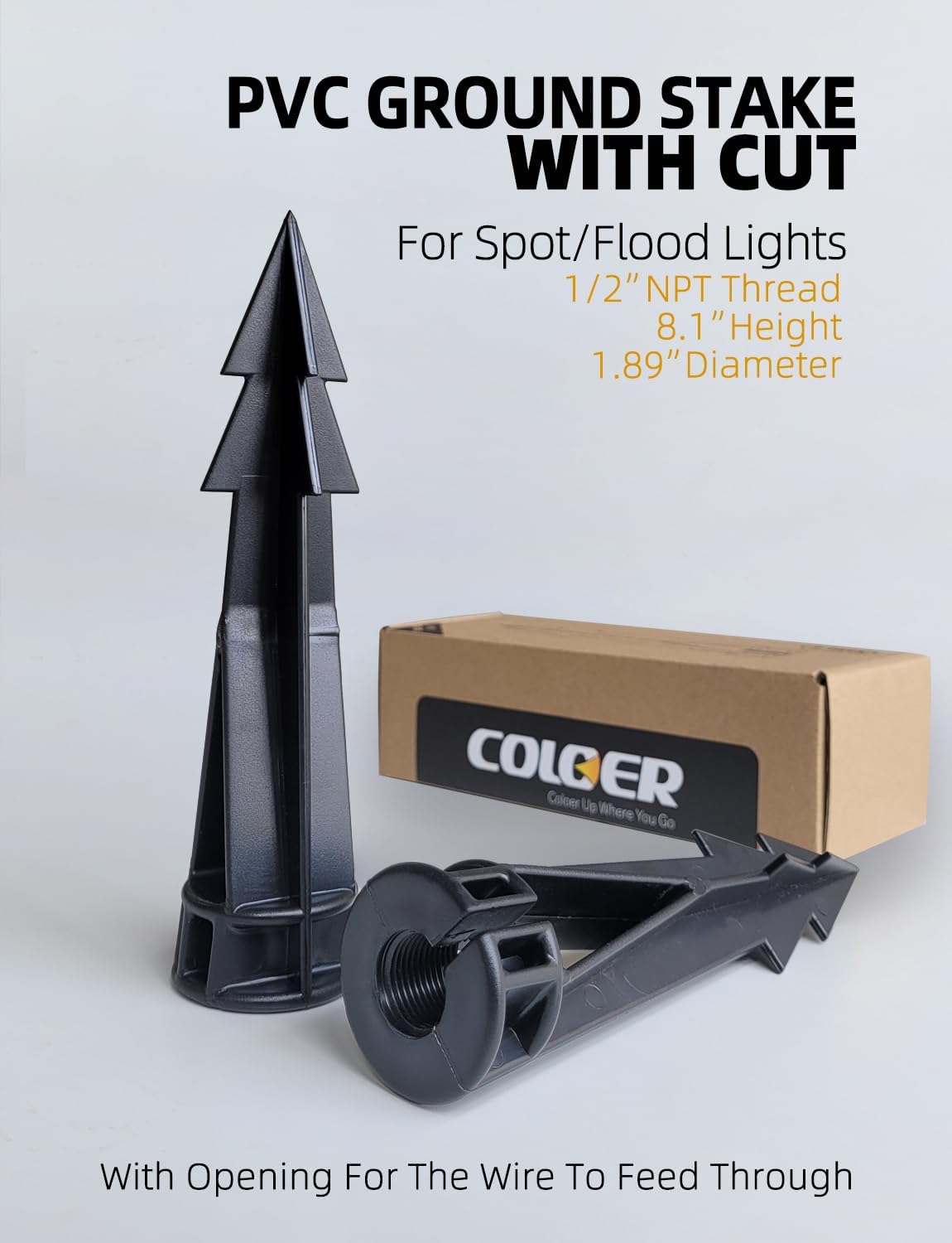 COLOER Landscape Lights 8 Inch In-Ground Stake Spikes Replacement 1/2" NPS Thread with Side Wire Way Medium Size, Heavy Duty Universal Slot Large Ground Post for Outdoor Garden Lights(2 Pack)