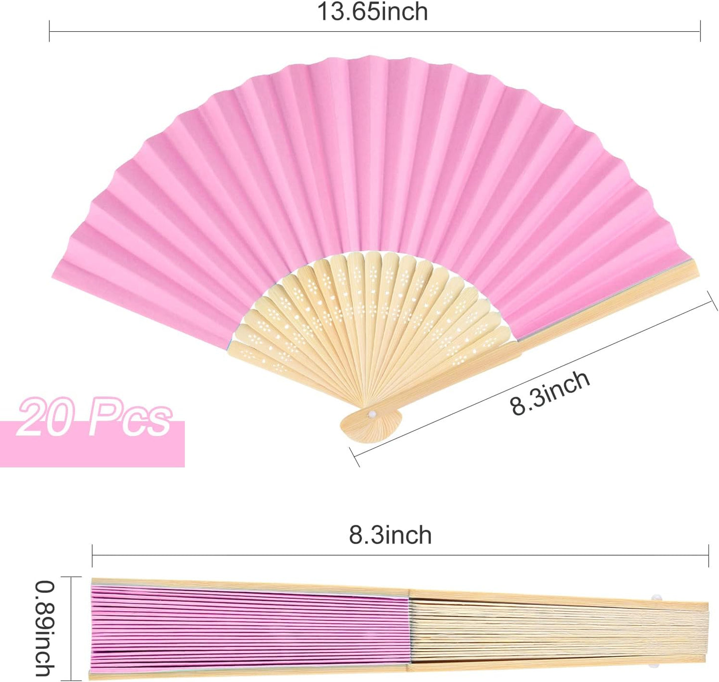 FEPITO 20 Pieces Handheld Pink Paper Fan Paper Folding Fans with Bamboos for Wedding Gift, Party, Home